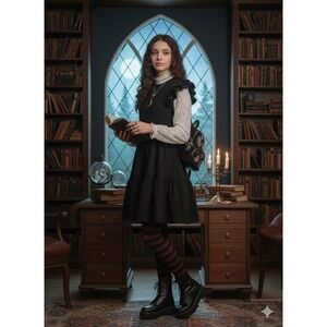 Zunie Girls Dress 12 Black Ruffle Tiered Fit Flare Whimsigoth Dark Academia Goth